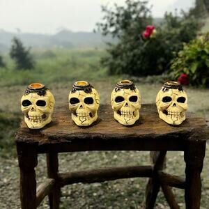 Set of 4 Small Skull Candle Holders-Gothic Halloween Decor-Resin Figures-Spooky
